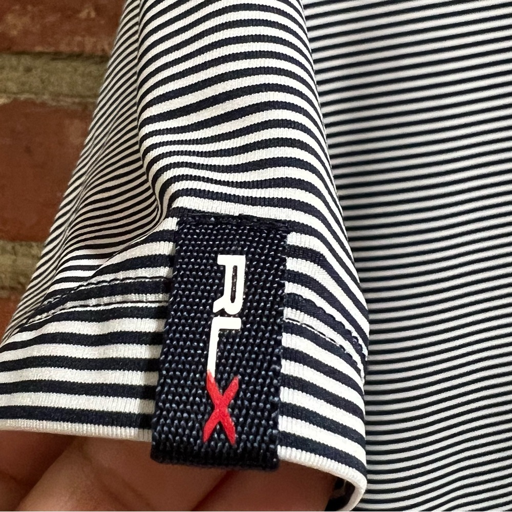 RLX Ralph Lauren men's navy striped polo with navy/yellow collar medium golf - Picture 6 of 12